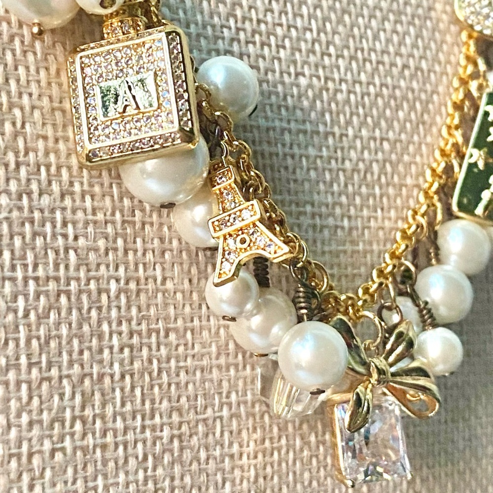 LilyLilyL Charming Gold-Tone & Pearl Statement Necklace w/Bow & Crystal Charms - Picture 5 of 10